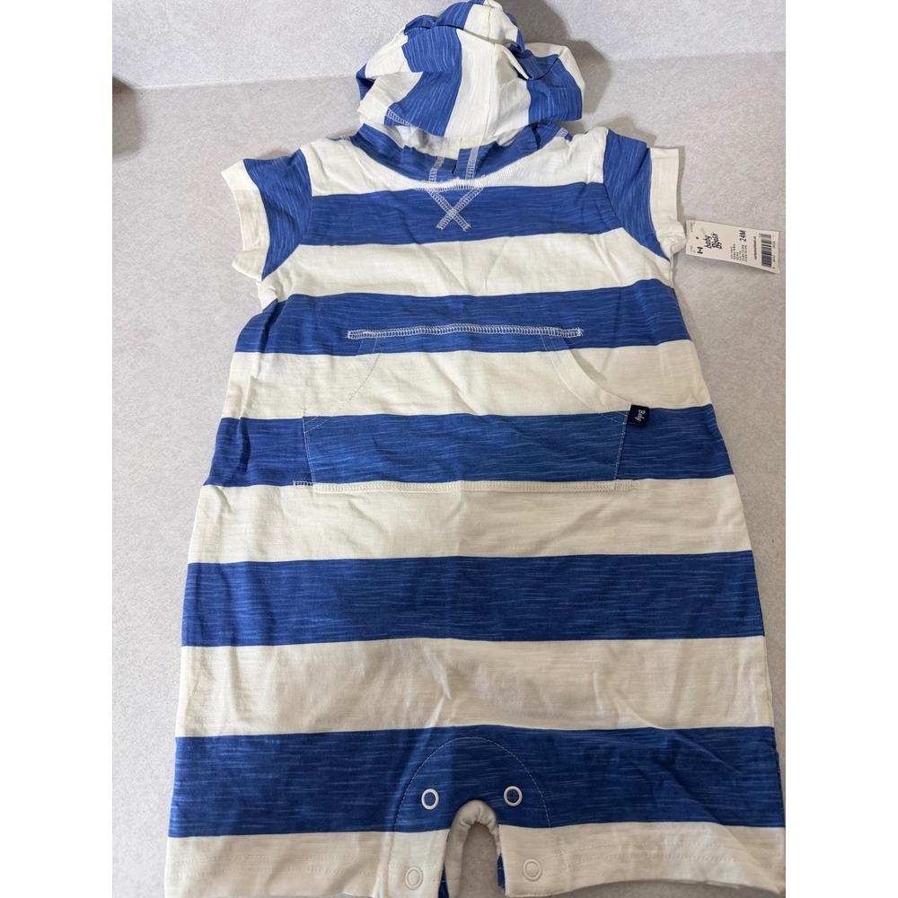 Baby B'gosh Blue White Striped Hooded Romper 24M NWT Short Sleeve